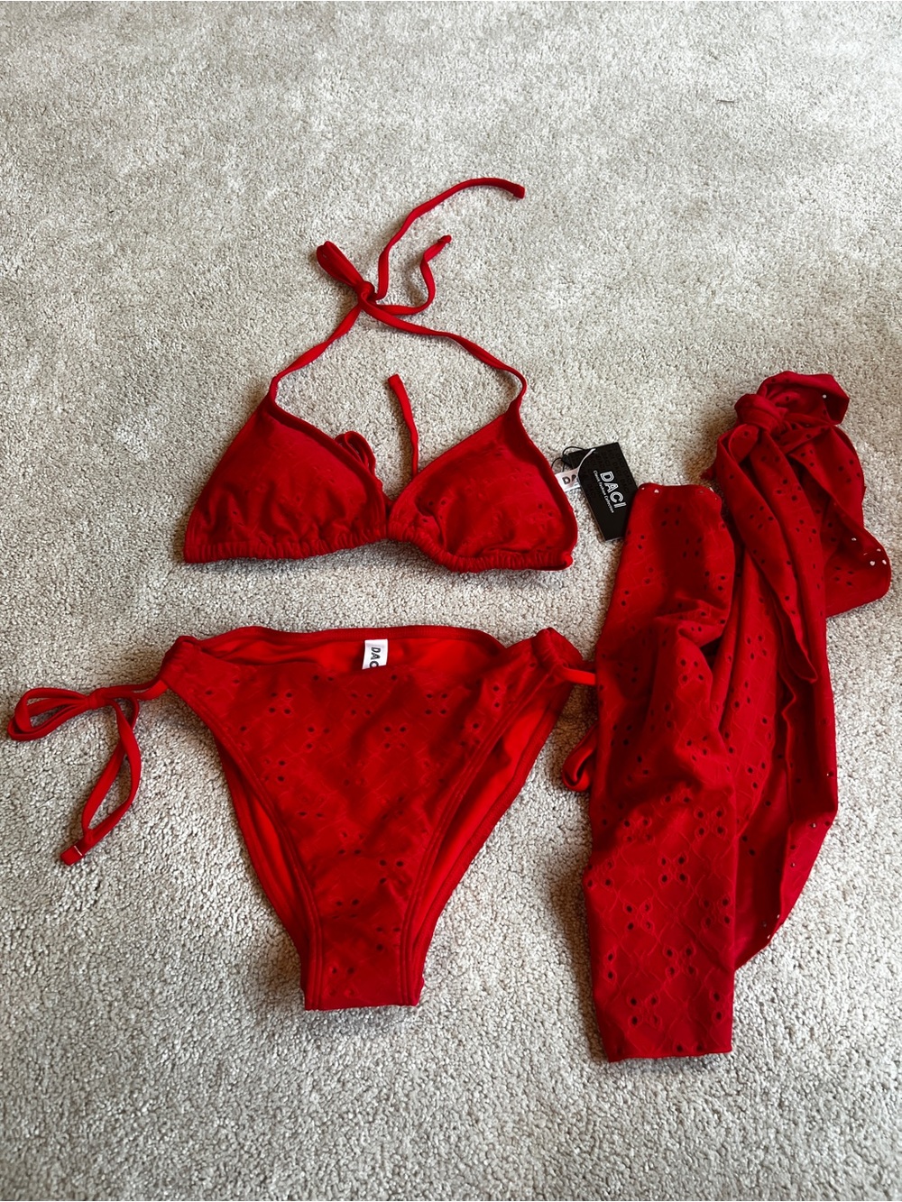 Red Eyelet Triangle Bikini Set with Matching Sarong